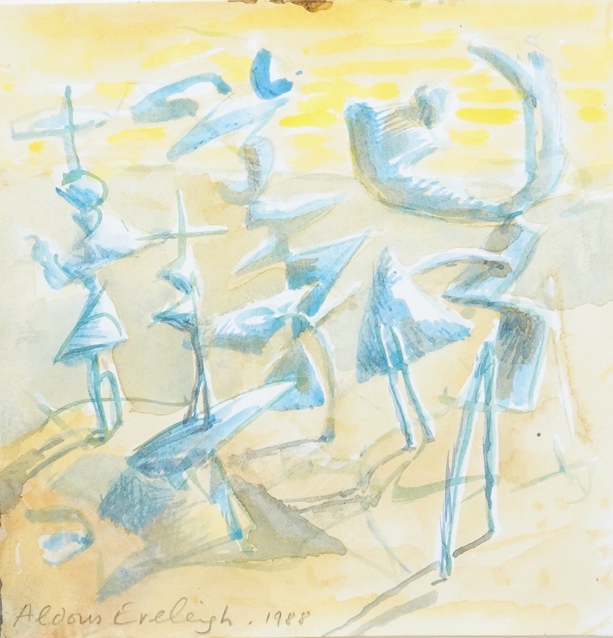 Aldous Eveleigh (b.1951), 'Figures on a Hillside', signed and dated 1988, The New Academy Gallery label verso, watercolour, 23 x 23cm